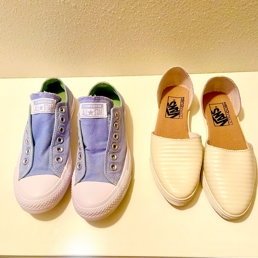 Converse All Star Light Blue Sneakers and Vans Slip ons in Ivory leather.